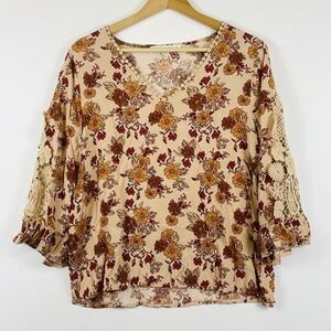 RusttyDustty Womens XL Shirt Blouse Tan Floral Lace Boho Peasant Festival Desert